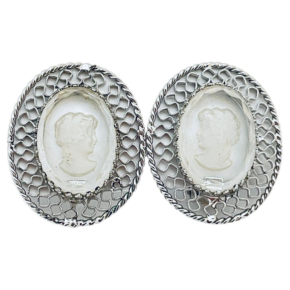 WHITING & DAVIS signed silver carved cameo glass designer clip on earrings